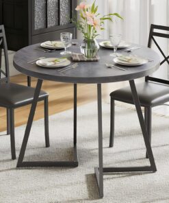 VECELO Mesa de Comedor Redonda de 35 Pulgadas para 4 Personas, Mesa de Grano de Madera y Marco de Acero Resistente, para Cocina, Sala de Estar, fácil Montaje, Color Gris Claro