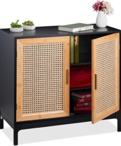 Relaxdays Aparador con 2 Puertas de Ratán, Armario Auxiliar 76x80x39 cm, Mueble de Salón, MDF y Bambú, Negro/Natural