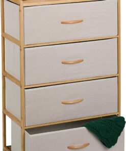 Relaxdays Cómoda de Bambú, 4 Cajones de Tela, Cajonera Salón, Aparador Dormitorio, 94 x 58 x 32,5 cm, Natural y Beige