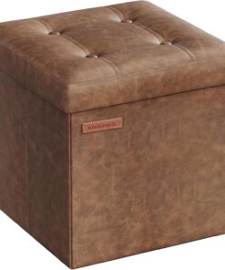 SONGMICS Puff Almacenaje de 38 cm, Banco de Almacenamiento Plegable con Tapa, Reposapiés, Cuero Sintético, Carga de 300 kg, para Entrada, Sala de Estar, Dormitorio, Marrón Café LSF030K11