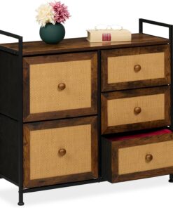 Relaxdays Cómoda 5 Cajones, 77x85x31,5 cm, Efecto Ratán, Mueble Recibidor, Cajonera Pasillo y Dormitorio, Marrón/Negro, Tablero de Fibras