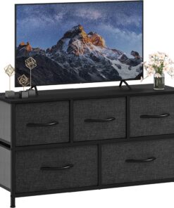 DWVO Cómoda con 5 cajones de Tela, Armario para Dormitorio, Sala de Estar con Asas, Parte Superior de Madera y Marco de Acero Resistente, Color Negro y Gris