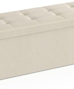 SONGMICS MAZIE Colección - Puff Almacenaje, Banco Plegable, 38 x 110 x 38 cm, Taburete Reposapiés, Pie de Cama, Soporta hasta 300 kg, para Sala de Estar, Dormitorio, Entrada, Blanco Crema LSF77BE