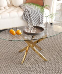 GOLDFAN Mesa de centro ovalada de cristal con patas cruzadas doradas, mesa central de cristal templado transparente moderna para sala de estar, oficina, apartamento o salón