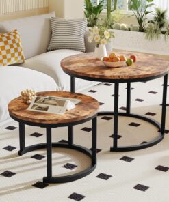 HOMERECOMMEND Juego de 2 mesas de centro redondas, color marrón rústico | Mesa de sofá moderna con estructura de metal negro,Mesa de centro de roble, mesa auxiliar nido para sala de estar
