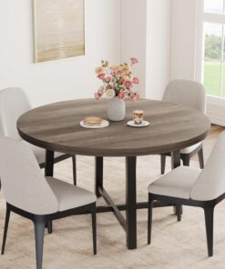 Mesa de comedor redonda, mesa de comedor redonda de estilo industrial de 47 pulgadas para 4-6 personas, superficie de madera con base de pedestal de metal, mesa de comedor circular compacta que ahorra