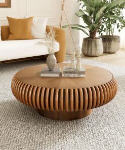 80 cm Mesa de Centro Redonda, Marrón | Tambor Estriado, Estilo Mid-Century - Mesa Central para Salón, Apartamento, Pequeños Espacios - Montaje Sencillo