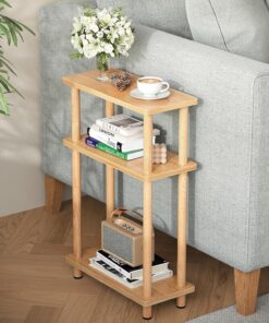 APICIZON Mesa Auxiliar de 3 Niveles, Mesa Auxiliar Sofa Estrecha, Mesita Auxiliar Salon de Estar con Almacenamiento, Ideal para Sala de Estar, balcón, Dormitorio y Estudio, Madera Original