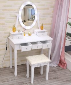 Garvee Tocador Contemporáneo con Espejo Ovalado y Luces LED. Cinco Cajones Espaciosos. Incluye Taburete. Iluminación De 3 Colores. Ideal para Dormitorio De Mujeres, Niñas y Niños | Iluminación De 3 Colores. Ideal Para Dormitorio De Mujeres, Niñas y Niños