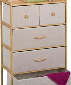 Relaxdays Cómoda de Bambú, 5 Cajones de Tela, Cajonera Pasillo, Aparador Dormitorio, 94x58x32,5 cm, Natural y Beige, Tablero de Fibras