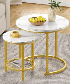 YITAHOME Juego de 2 mesas de Centro Redondas, Mesa de salón Moderna con Espacio de Almacenamiento, Mesa Auxiliar, Juego de 2 Unidades, apilables con Placa de Madera y Marco de Metal, Mesa de sofá,
