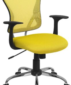 Flash Furniture Silla de Trabajo giratoria de Malla con Respaldo Medio con Base y Brazos cromados, Metal, Amarillo, 73,66 x 60,96 x 27,94 cm