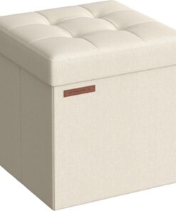 SONGMICS Puff Almacenaje 38 cm, Baúl de Almacenaje, Taburete Reposapiés, Blanco Crema LSF27W01