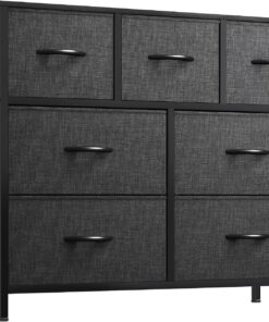 YITAHOME Cómoda de Tela con 7 Cajones,Cajones de Tela con Parte de Madera,Unidad de Almacenamiento para Sala de Estar, Dormitorio, habitación Infantil,Negro y Gris