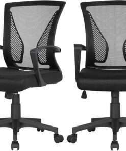 Yaheetech Juego de 2 Sillas de Oficina Silla con Ruedas Malla Negra | Conjunto de 2 Sillas, Silla para Oficina, Malla Transpirable, Silla Negra Giratoria,Soporte Lumbar