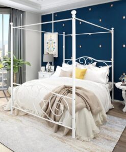 Marco de cama con dosel, plataforma de 120 x 200 cm, estructura de cama de metal con cabecero y pie decorados con corazones, listones y soportes de acero resistentes con cabecero y reposapiés
