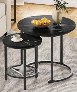 YITAHOME Juego de 2 Mesas de Centro Redondas, Mesa de Salón Moderna con Espacio de Almacenamiento, Mesa Auxiliar, Juego de 2 Unidades, Apilables con Placa de Madera y Marco de Metal