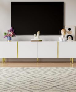 ModernLuxe Mueble de TV de alto brillo con 4 puertas espaciosas, múltiples espacios de almacenamiento, elegantes unidades de TV para sala de estar, acabado blanco brillante combinado con elegantes