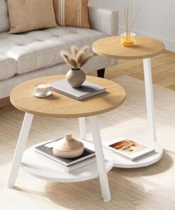 YITAHOME Mesa de Centro Redonda, Juego de 2 Mesas Auxiliares, Mesas Bajas Nido con Mesa Auxiliar en Forma de C, Mesa de Sofá con Espacio de Almacenamiento para Salón, Dormitorio, Natural