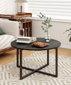 BOFENG Mesa de centro redonda de té, mesa auxiliar, mesa de sofá para sala de estar con patas de metal, color negro y negro