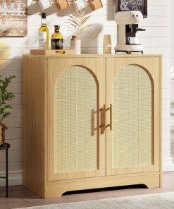 Aparador moderno de ratán con puertas arqueadas, buffet de almacenamiento de 2 puertas para comedor, sala de estar, mesa consola resistente con dispositivo antivuelco, armario decorativo versátil para