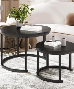 HOMERECOMMEND Mesa de centro redonda, juego de 2 unidades, mesa de café de madera, mesa de salón moderna, mesa auxiliar con estructura de metal para salón, balcón, color negro