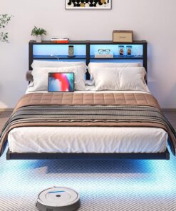 Cama flotante de metal de 120 x 200 cm con luces LED, estación de carga USB y cabecero de doble bandeja, marco de acero resistente, sin ruido, color negro