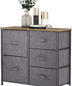 Mondeer Cómoda Estrecha con 5 cajones Grandes, Armario de Tela, Armario de Almacenamiento, 85 x 30 x 70 cm, Marco de Metal Estable, Color Gris