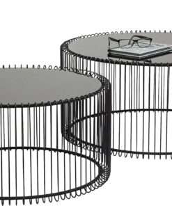 Kare Design Mesa de centro Wire set de 2, negro, 63/53cm de diámetro, mesa auxiliar sofa, mesilla de noche, estructura de acero, tablero de cristal de seguridad, salón, redonda, 34x70x70 cm