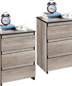 Yaheetech 2pcs Mesitas de Noche con 3 Cajones 45x35x60,5cm | Mesa de Noche Moderno para Dormitorio Mesa Auxiliares de Madera para Sala de Estar Gris