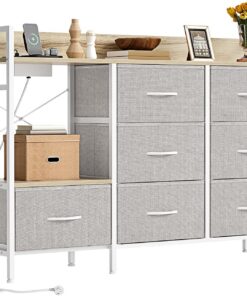 YITAHOME Kommode Schlafzimmer mit 7 Stoffschubladen, Kommode mit 2 Steckdosen, 2 USB-Anschlüssen und LED-Lichtleiste, TV-Schrank mit seitlichen Haken,Off White