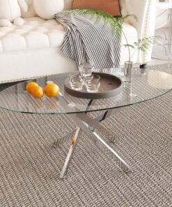 GOLDFAN Mesa de centro ovalada de cristal con patas cruzadas cromadas, moderna mesa central de vidrio templado transparente para sala de estar, oficina o apartamento