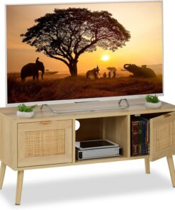 Relaxdays Mueble TV, Efecto Ratán, Mesa para Televisor hasta 43", Lowboard, 45,5 x 100 x 40 cm, Cómoda Tele, Natural