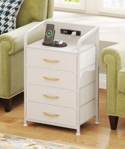 CAIYUN Mesita de noche con función de carga, mesa auxiliar con 4 cajones de tela, mesitas de noche con puertos USB y enchufes, mesas auxiliares para salón, dormitorio (blanco)