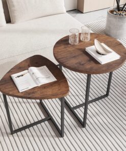 HOJINLINERO Juego de 2 Mesas de Café Redondas con Estructura de Metal y Forma de Corazón - Mesa Auxiliar Industrial de Madera para Salón, Moderna