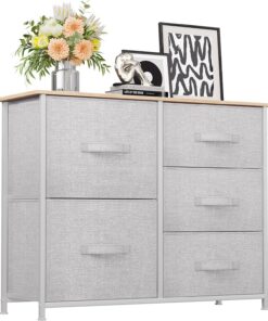 YITAHOME Comoda 5 Cajones,Cajonera de Tela,Sinfonier,Robusta Estructura metálica,para Dormitorio, Salón, Pasillo,Gris Claro
