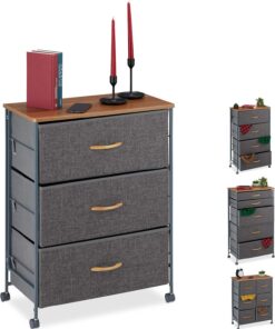 Relaxdays Cajonera con Ruedas, Cajones Textiles, Decoración, Balda con Apariencia de Madera, 74,5 x 58 x 30 cm, Gris, Acero, poliéster, tableros conglomerado DM