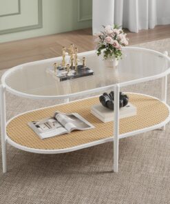 Garvee Moderna Mesa De Centro Ovalada De Ratán De 94 Cm con Estructura Metálica De Dos Niveles y Estante De Almacenamiento, Tablero De Cristal, Estilo Bohemio para Sala De Estar, Dormitorio y Oficina | con Estructura Metálica De Dos Niveles y Estante De Almacenamiento, Tablero De Cristal, Estilo Bohemio para Sala De Estar, D