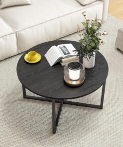 HOJINLINERO Mesa de Centro Redonda, de Té y Auxiliar para Sala de Estar - Patas de Metal, Aspecto de Madera, Fácil de Montar