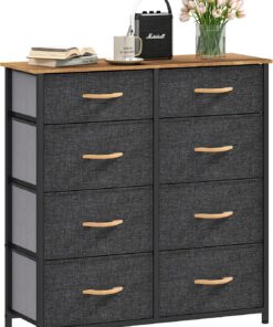 DWVO Cómoda de Tela con 8 cajones, cómoda para Dormitorio, Sala de Estar con Asas, Parte Superior de Madera y Marco de Acero Resistente, Color Gris Oscuro