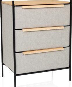 Cómoda con 3 cajones de Tela STUVAR 58x39x79cm Organizador con Tiradores de Madera, Mueble Auxiliar con Estructura de Metal, Color Topo