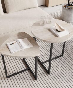HOJINLINERO Juego de mesa de café redonda, 2 unidades, mesa auxiliar, mesa de sofá, mesa de café, estructura inferior de metal y forma de corazón, una mesa de madera, moderna, negro y roble