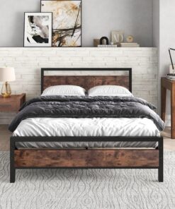 Base de Cama metálica, Negro, 120x200cm | Con cabecero y estribo de madera, Soporte de acero resistente, No necesita somier, Fácil montaje