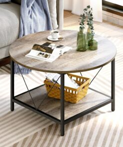 YITAHOME Mesa de Centro Redonda con Estante de Almacenamiento, Mesa Auxiliar Industrial de 2 Niveles, Mesa de té de Madera, Mesa de café para Sala de Estar, Marco de Metal Resistente, 80x80x46 cm