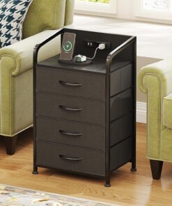 Mesita de noche con función de carga, mesa auxiliar con cajón, mesa auxiliar con 4 cajones de tela, mesitas de noche con puertos USB y enchufes, mesas auxiliares para salón, dormitorio (negro)