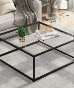 mesa de centro cuadrada de cristal negro, auxiliar y de café, cuadrado para sala de estar y oficina, estructura de metal