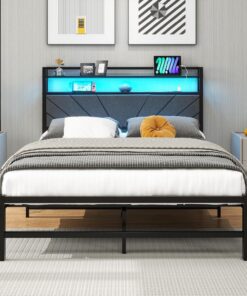 Tapizada de Metal 120 x 200 cm, Cama Doble con LED y Base de Carga, Espacio de Almacenamiento, Juvenil, de Invitados con Cabecero, Perfecta