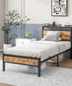 Base de Cama Individual Negro con Cabecera de Estante | Almacenamiento de Madera, Marco de Plataforma de Metal, No Necesita Somier, Sin Ruido, Patas de Apoyo Fuerte Reforzadas