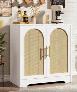 Credenza - Aparador de buffet de 30 x 15.6 x 31.5 pulgadas, almacenamiento con 2 puertas y estantes de ratán, moderna mesa de consola para sala de estar, cocina, pasillo, entrada, color blanco