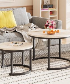 HOMERECOMMEND Juego de 2 mesas de centro redondas, para salón, mesa auxiliar, mesa auxiliar, mesita de noche, mesa de sofá, mesa de salón, mesa de centro para salón, mesa de sofá redonda, roble blanco | Mesa auxiliar, mesita de noche, mesa de sofá, mesa de salón, mesa de centro para salón, mesa redonda